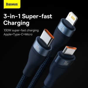 Baseus 3 az 1-ben USB - USB Type C, Lightning, Micro USB kábel 100W 6A 1.2m (CASS030003) kék