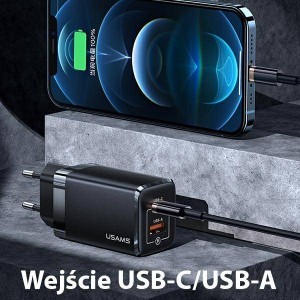 USAMS T41 hálózati töltő adapter USB-C + USB GaN 47W PD + QC Gyorstöltés fekete (US-CC137)