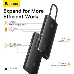 Baseus Adapter HUB - Type C - 2xUSB3.0 + Type C + HDMI 4K + SD + microSD - PD 100W fekete