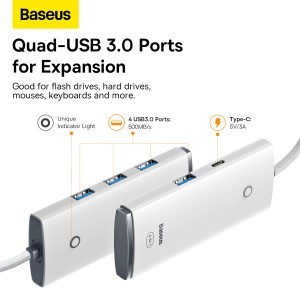 Baseus adapter HUB Type C 4xUSB 3.0 1 méter kábellel fehér