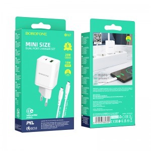 Borofone BN7 hálózati töltő adapter USB+Type C QC 3.0 PD 20W + Type C - Type C kábel fehér