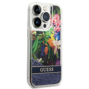 iPhone 14 Pro Guess Liquid Glitter Flower csillámos tok kék (GUHCP14LLFLSB)