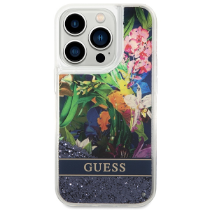 iPhone 14 Pro Guess Liquid Glitter Flower csillámos tok kék (GUHCP14LLFLSB)