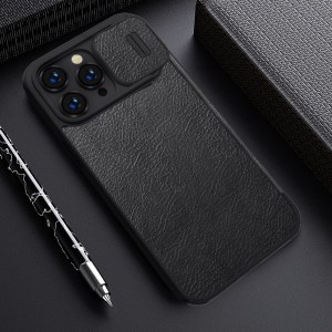 iPhone 14 Pro Nillkin Qin Pro bőr fliptok fekete kameralencse védővel