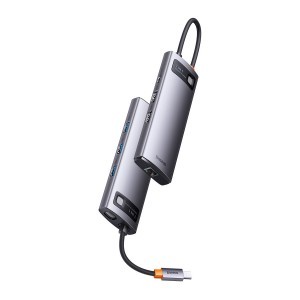 Baseus Metal Gleam Series 7 az 1-ben dokkoló, HUB USB Type C - 2 x HDMI / 3 x USB 3.2 Gen. 1/1 x Power Delivery / 1 x RJ-45 Ethernet szürke (WKWG040113)