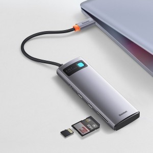 Baseus Metal Gleam Series 8 az 1-ben dokkoló, HUB USB Type C - 2 x HDMI / 3 x USB 3.2 Gen.1 / 1 x Power Delivery / 1 x SD kártyaolvasó / 1 x microSD kártyaolvasó szürke (WKWG050113)