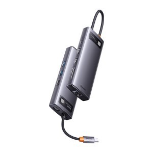 Baseus Metal Gleam Series 9 az 1-ben dokkoló, HUB USB Type C - 2 x HDMI / 2 x USB 3.2 Gen. 1/1 x USB 2.0 / 1 x Power Delivery / 1 x SD kártyaolvasó / 1 x microSD kártyaolvasó / 1 x RJ-45 szürke (WKWG060013)
