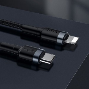 Baseus Cafule Nylon harisnyázott USB-Type C PD/ Lightning kábel 18W QC3.0 1m fekete/szürke(CATLKLF-G1)
