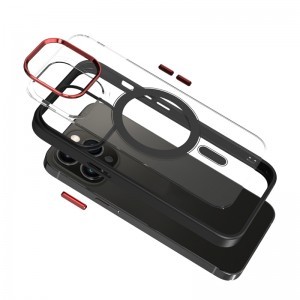 iPhone 14 Pro MagSafe-kompatibilis átlátszó tok fekete kerettel + fekete kerettel a kamerák körül Alphajack