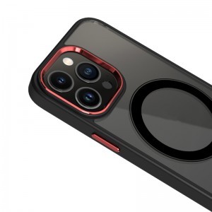 iPhone 14 Plus MagSafe-kompatibilis átlátszó tok fekete kerettel + piros kerettel a kamerák körül Alphajack