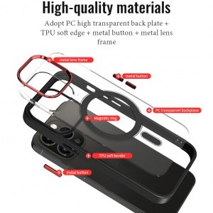iPhone 14 Pro MagSafe-kompatibilis átlátszó tok fekete kerettel + piros kerettel a kamerák körül Alphajack