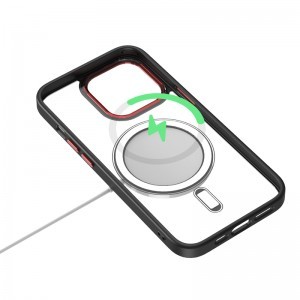 iPhone 14 Plus MagSafe-kompatibilis átlátszó tok fekete kerettel + piros kerettel a kamerák körül Alphajack