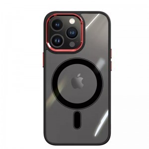 iPhone 14 MagSafe-kompatibilis átlátszó tok fekete kerettel + piros kerettel a kamerák körül Alphajack
