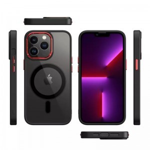 iPhone 14 MagSafe-kompatibilis átlátszó tok fekete kerettel + piros kerettel a kamerák körül Alphajack