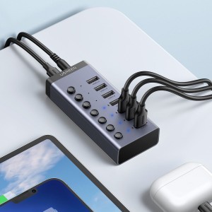 Ugreen multifunkciós HUB port elosztó 7 az 1-ben USB Type C - 7x USB Type A 3.0 PD DC 12V szürke (CM481)