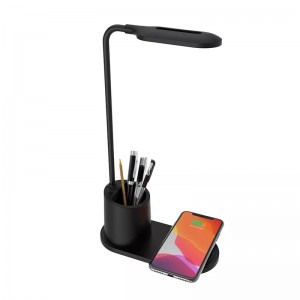 Asztali LED lámpa tolltartóval, vezeték nélküli töltéssel QI 10W fekete