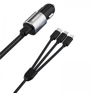 Dudao 3in1 USB autós telefontöltő 3,4 A beépített kábellel Lightning / USB Type C / micro USB fekete (R5ProN) szivargyújtós