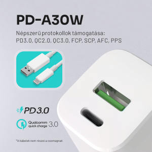 Alphajack PD-A30W hálózati gyorstöltő adapter, 1x USB-C (PD), 1x USB-A 30W