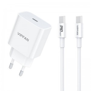 Vipfan E04 fali hálózati töltő adapter, USB-C, 20W, QC 3.0 + USB-C kábel (fehér)