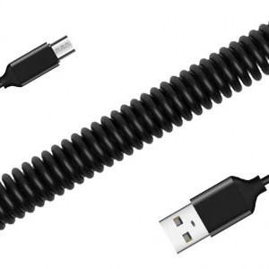 Spirál USB - Micro USB kábel 2A 1m fekete