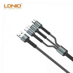 LDNIO LC93 3 az 1-ben USB töltőkábel 1.2m szürke (USB-A - USB-C + Lightning + micro USB)