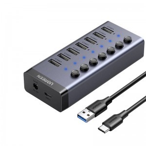 Ugreen 7in1 HUB elosztó adapter USB-C, 7x USB-A 3.0 12V 2A (fekete)