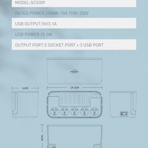 LDNIO SE5334/SC5309 hálózati elosztó 5 AC aljzattal, 3x USB, 2m fehér kábelrendező dobozzal-13