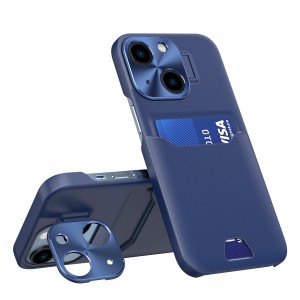 iPhone 14 Plus Leather Stand tok kártyatartóval kék