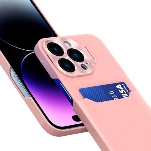 iPhone 14 Pro Max Leather Stand tok kártyatartóval rózsaszín