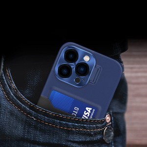 iPhone 14 Pro Leather Stand tok kártyatartóval kék