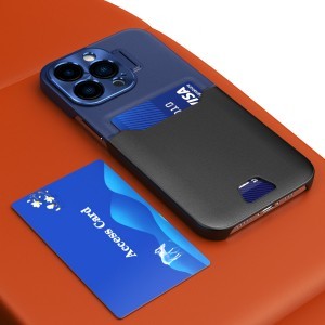 iPhone 14 Pro Leather Stand tok kártyatartóval kék