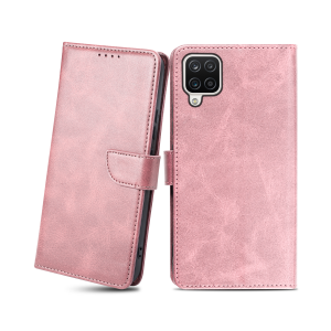 Samsung Galaxy A12 mágneses PU bőr fliptok kártyatartóval rózsaszín Alphajack