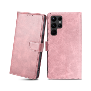 Samsung Galaxy S22 Ultra mágneses PU bőr fliptok kártyatartóval rózsaszín Alphajack