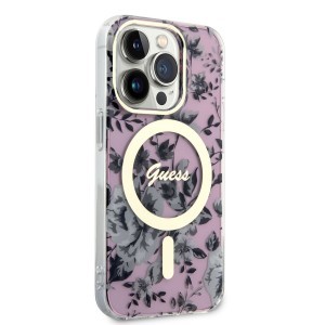 iPhone 14 Pro Max Guess PC/TPU Flowers IML MagSafe kompatibilis tok rózsaszín (GUHMP14XHCFWSP)