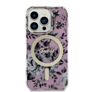 iPhone 14 Pro Max Guess PC/TPU Flowers IML MagSafe kompatibilis tok rózsaszín (GUHMP14XHCFWSP)