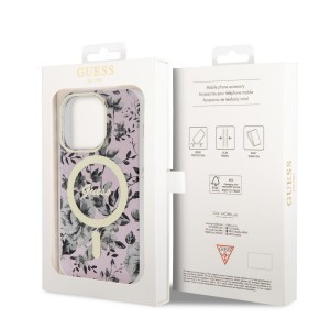 iPhone 14 Pro Max Guess PC/TPU Flowers IML MagSafe kompatibilis tok rózsaszín (GUHMP14XHCFWSP)