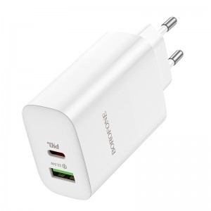 Borofone BN10 SunLight fali töltő adapter USB + Type C QC 3.0 PD 65W fehér