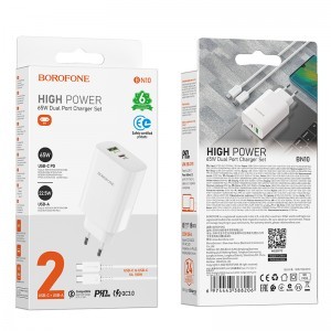Borofone BN10 SunLight fali töltő adapter USB + Type C QC 3.0 PD 65W + Type C - Type C kábel fehér