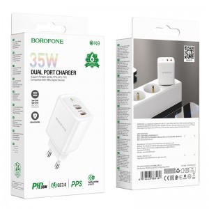 Borofone BN9 Reacher hálózati töltő adapter 2xType C QC 3.0 PD 35W fehér-5