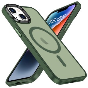 iPhone 15 Plus MagSafe-kompatibilis áttetsző matt tok sötétzöld Alphajack