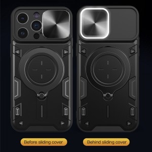 iPhone 15 Plus Ring Armor tok kameralencse védővel, kihajtható támasszal, sötétlila Alphajack
