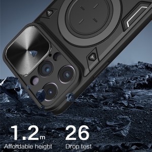 iPhone 15 Pro Max Ring Armor tok kameralencse védővel, kihajtható támasszal, sötétkék Alphajack