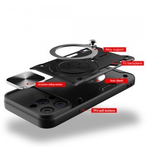 iPhone 15 Plus Ring Armor tok kameralencse védővel, kihajtható támasszal, fekete Alphajack