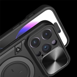 iPhone 15 Pro Max Ring Armor tok kameralencse védővel, kihajtható támasszal, ezüst Alphajack
