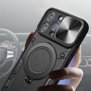 iPhone 15 Pro Max Ring Armor tok kameralencse védővel, kihajtható támasszal, sötétlila Alphajack