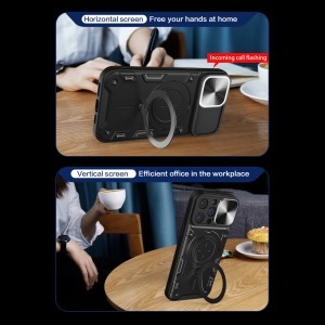 iPhone 15 Plus Ring Armor tok kameralencse védővel, kihajtható támasszal, sötétkék Alphajack