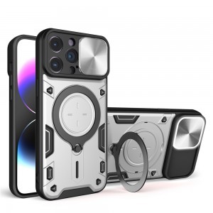 iPhone 15 Plus Ring Armor tok kameralencse védővel, kihajtható támasszal, ezüst Alphajack