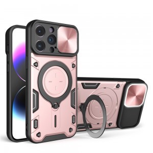 iPhone 15 Plus Ring Armor tok kameralencse védővel, kihajtható támasszal, rózsaszín Alphajack