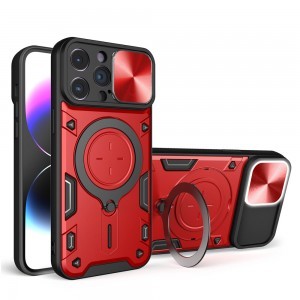iPhone 15 Pro Max Ring Armor tok kameralencse védővel, kihajtható támasszal, piros Alphajack