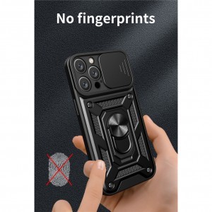 iPhone 15 Pro Ring Lens tok kameralencse védővel, kihajtható mágneses támasszal sötétkék Alphajack telefontok